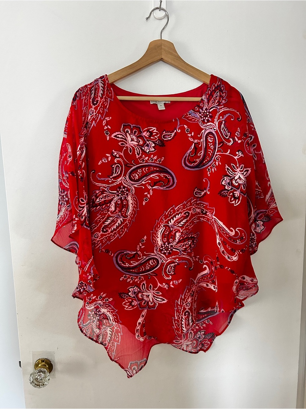DANA BUCHMAN Red Bandana Print Paisley Sheer Flowy Poncho Top with Liner Medium‎